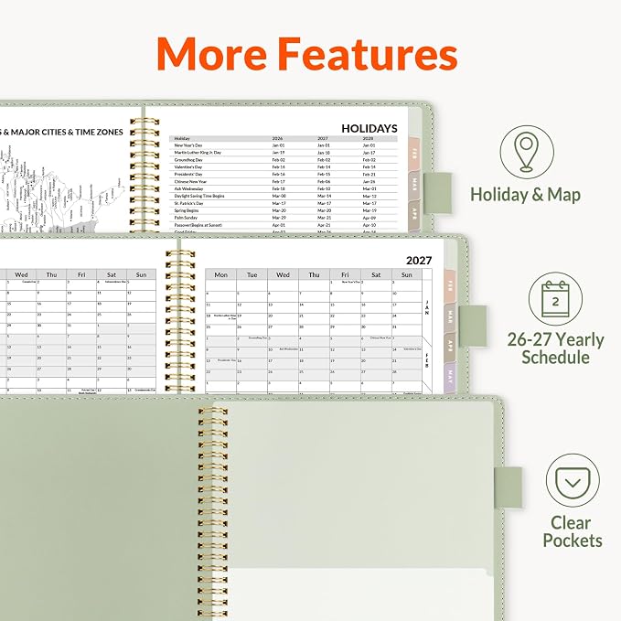 SUNEE 2026-2027 Weekly & Monthly Planner 9"x11.2" - 12 Month (July 2026 - June 2027), Vegan Leather Cover Planner Academic Year Calendar, Pocket, Notes, Monthly Tab, Green