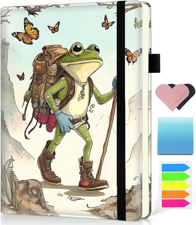 Hardcover Executive Notebooks, A5 PU Leather Lined Journal Notebook, 200 Pages Thick Paper Subject Notebooks for School,Work,Home Writing Business Notebook, Diary Book ，Hiking Frog Lovers