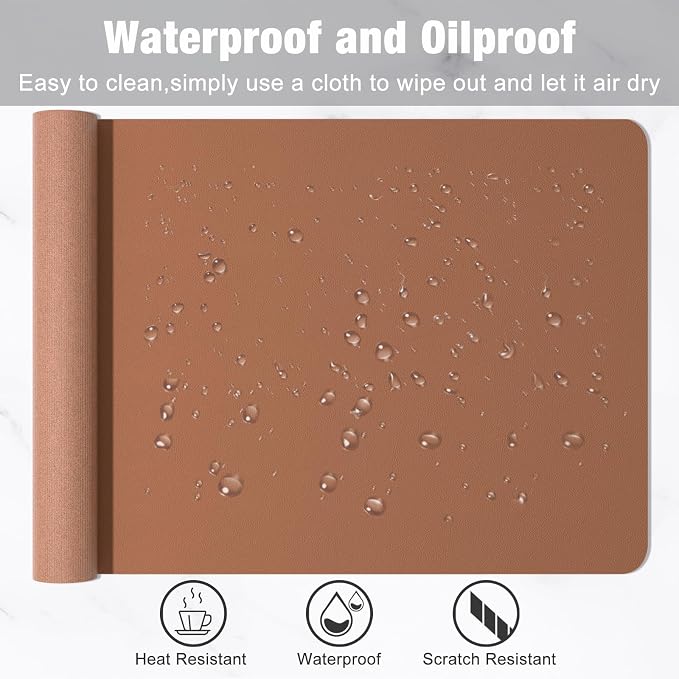 Hsurbtra Desk Pad, 35.5" x 17" PU Leather Desk Mat, XXL Extended Mouse Pad, Waterproof Desktop Blotter Protector, Non-Slip Ultra Thin Large Laptop Keyboard Writing Mat for Office Home, Dark Apricot