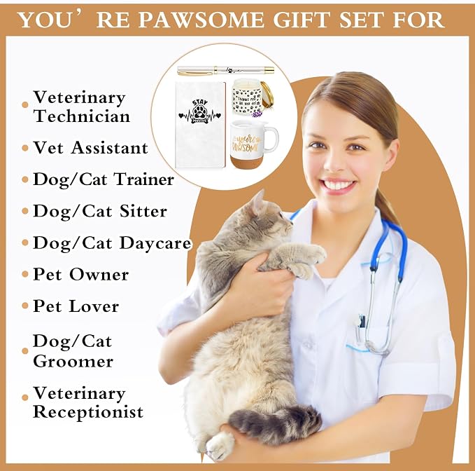 Sayglossy 4 Pcs Veterinary Gift Set Thank You Gift for Vet Tech Veterinary Assistant Animal Lover Pet Groomers Dog Sitter Trainer Paw Print Notebook Coffee Mug Scented Candle Pen for Vet Tech Week