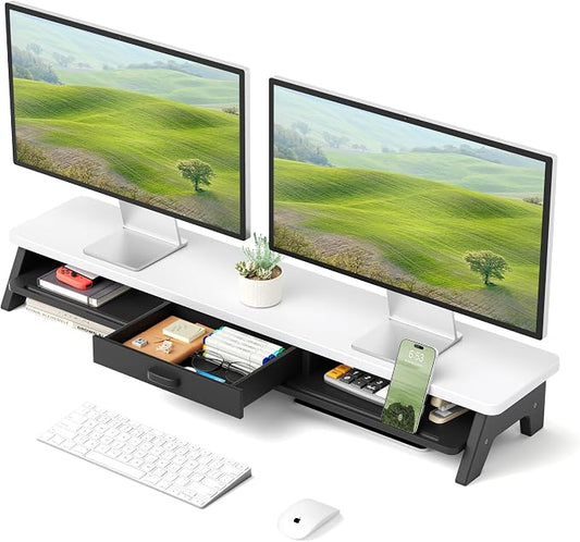 AFOOYO Dual Monitor Stand Riser,LED 2-Tier 39.3 Inch Computer Monitor Stand for 2 Monitors,Office Desktop Organizer with Storage Drawer and Phone Holder for Laptop,PC,Computer,Printer,White