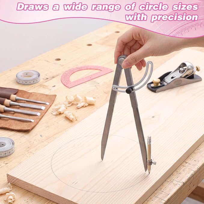 Zonon Professional 12 Inch Large Compass with Wing for Woodworking and 6 Inch Protractor Set, Pencil Compass for Geometry Math Carpenter, Drafting, Drawing Tool (Pink)