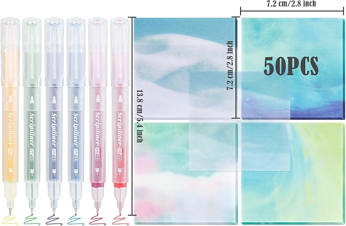 BAYTORY 200 Sheets Transparent Sticky Notes, Glitter Clear Sticky Note | 6Pcs Double-ended Colored Marker Pen, 3 x 3 Waterproof Self-Stick Notes, Easy to Post for Note Taking (Morandi)