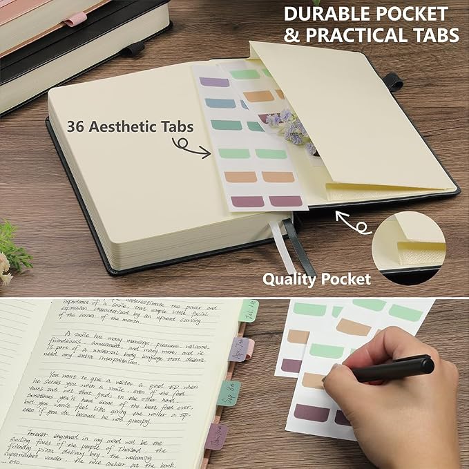 Hoci Poci 400 Pages Lined Journal Notebook, 5.8" x 8.4", Black | Thick Journal for Writing, A5 Hardcover Leather Notebook with 100Gsm College Ruled Paper for Women Men Work Note taking