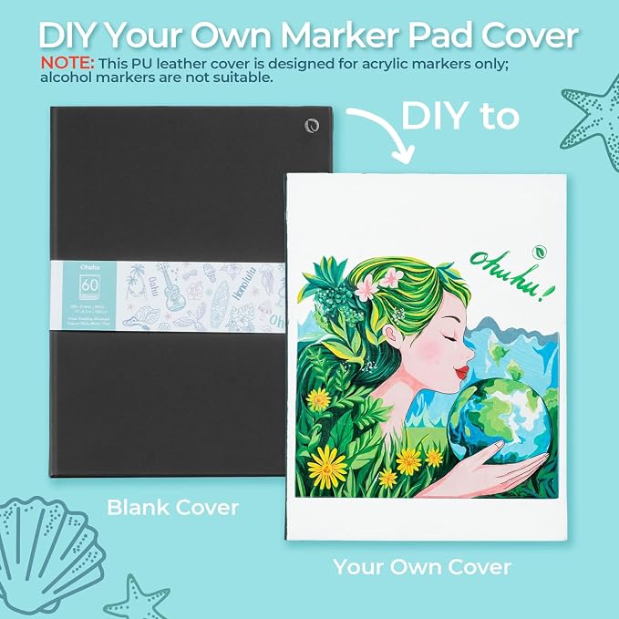 Ohuhu Double-Sided Marker Pad Art Sketchbook Bleedproof - 8.5"x11" Large Paper Size - 90 LB/150 GSM Smooth Drawing Paper - 60 Sheets/120 Pages - Hardcover Sketching Book for Alcohol Markers Paints