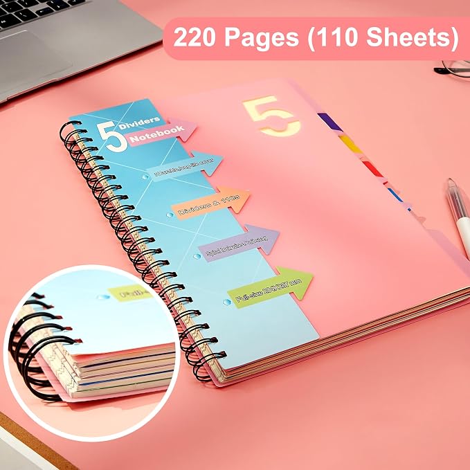 CAGIE 5 Subject Notebook 8.5 x 11, A4 Spiral Notebooks with Dividers Tabs | College Ruled 240 Pages Spiral Notebook for Note Taking, School, Work, Pink