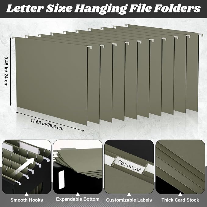 Qeeenar 2 Pcs Desktop Hanging File Organizer Box with 10 Pcs Army Green Hanging File Folders Letter Size Folder Storage Portable Storage Cabinets Document Holder for Office Supplies Home