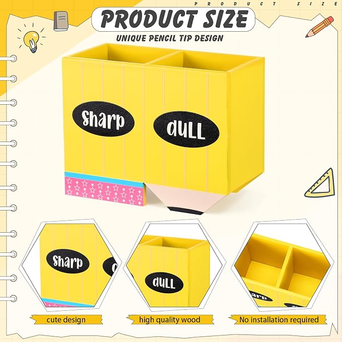 DoubleFill 1 Pcs Normal Pencil Shaped Holder Sharp Dull Holder Wooden Dispenser Pencil Storage with Classic Composition Notebook Design for Back to School Teachers Classroom Organization Accessories