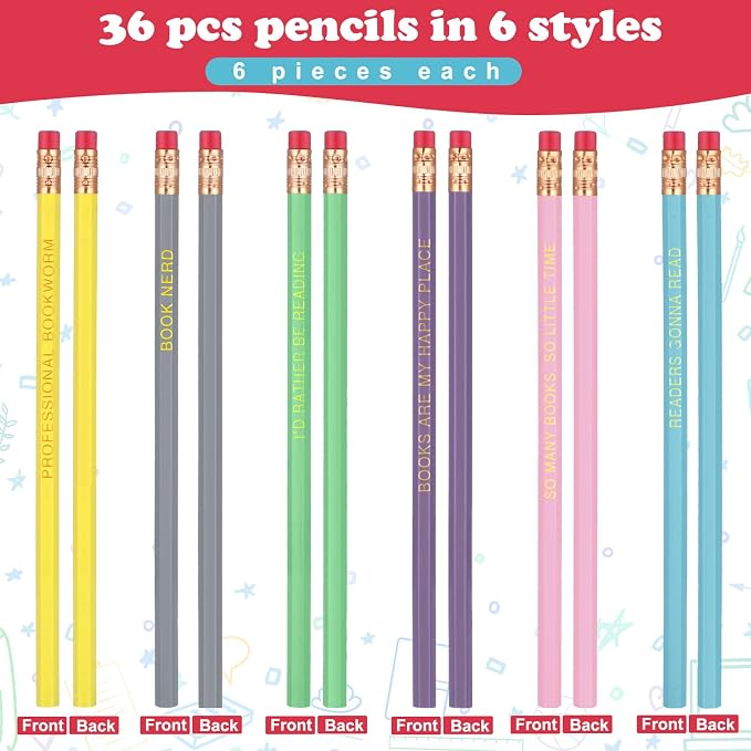 Affrolling 36 Pcs Book Nerd Pencil Bulk with Eraser Book Lover Reading Motivational 6 Design Wooden Graphite 2B Pencil Assortment Fun Educational Sharpened Booklover Back to School Student Gifts