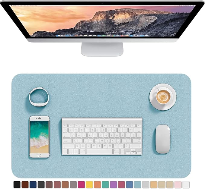 Hsurbtra Desk Pad, 23.6" x 13.8" PU Leather Desk Mat, M Extended Mouse Pad, Waterproof Desktop Blotter Protector, Non-Slip Ultra Thin Small Laptop Keyboard Writing Mat for Office Home, Lake Blue