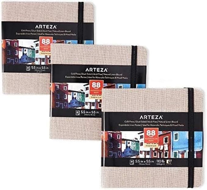 ARTEZA Watercolor Journals, Pack of 3, 5.5 x 5.5 Inches, 88 Pages Each, 110 lb / 230 gsm, Cold Press, Dual-Sided, Acid-Free Linen-Bound Hardcover Books for Watercolor and Fluid Media