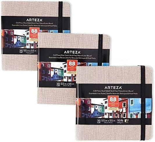 ARTEZA Watercolor Journals, Pack of 3, 5.5 x 5.5 Inches, 88 Pages Each, 110 lb / 230 gsm, Cold Press, Dual-Sided, Acid-Free Linen-Bound Hardcover Books for Watercolor and Fluid Media