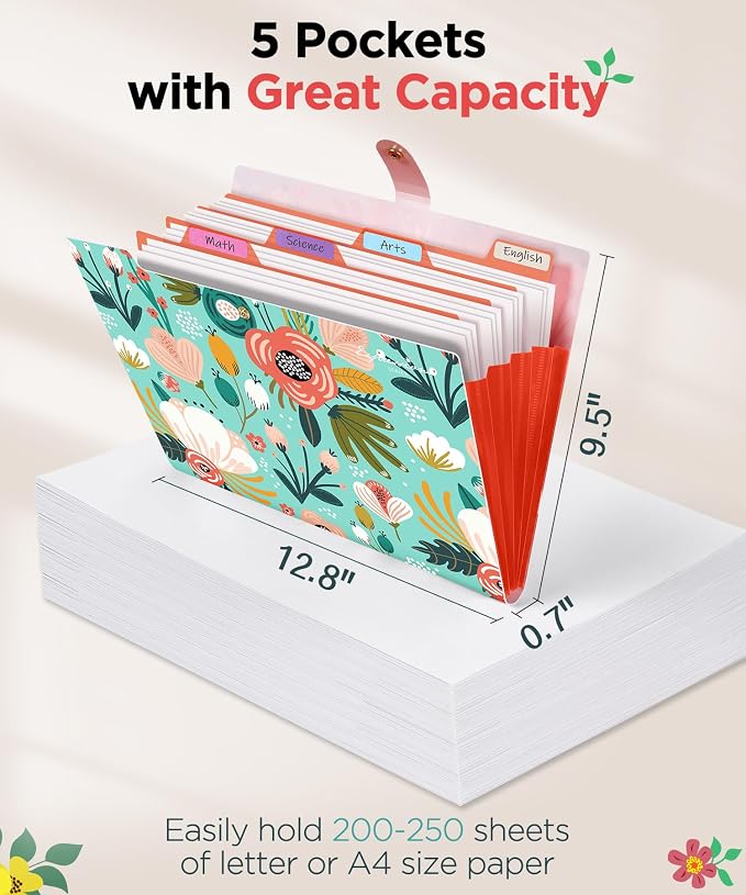 Sooez File Folders Organizer, Folders with 5 Pockets, Folders for Documents w/Sticker, Accordion File Organizer, Paper Receipt Bill Filing Organizer, School College Office Travel Essentials Supplies