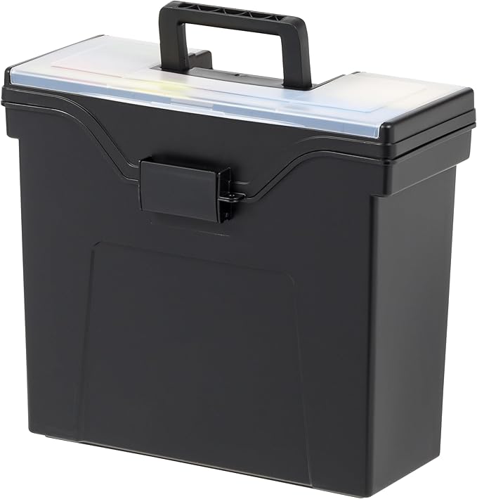IRIS USA Slim Portable File Box Organizer with Lid, Letter Files, Black | Carry letter size files, folders and paperwork with a slim portable design and secure storage for everyday organization