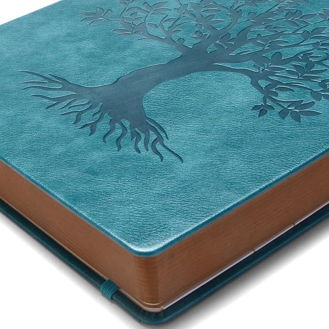 ZXHQ 360 Pages Thick Journal for Women & Men, A5 Lined Journaling Notebook for Writing, Hardcover, 100Gsm Paper, Tree of Life Design, Pen Set, Vintage Brown Edge, Back Pocket, Seagreen