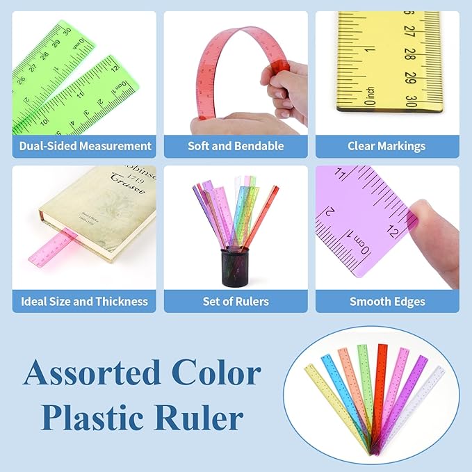 32 Pack Assorted Color Clear Rulers 12 inch, Plastic Ruler Bulks for Classroom, Transparent Metric Rulers for Kids with Inches and Centimeters for School, Home, Office Supplies
