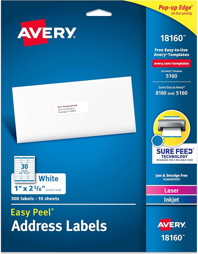 Avery Easy Peel Printable Address Labels, Sure Feed Technology, 1" x 2-5/8" Customizable Stickers, White, 300 Blank Mailing Labels, Great for Mailing, Shipping, and More (18160)