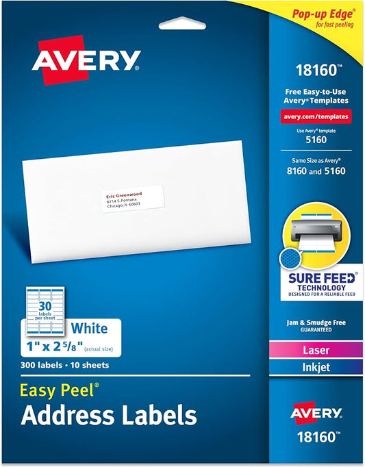 Avery Easy Peel Printable Address Labels, Sure Feed Technology, 1" x 2-5/8" Customizable Stickers, White, 300 Blank Mailing Labels, Great for Mailing, Shipping, and More (18160)