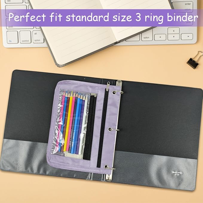 YoeeJob 1 Pack Pencil Pouch for 3 Ring Binder, Expandable Binder Pouches with Zipper, Large Capacity Pen Holder Case with Clear Window School Class Office Organizers, Lavender