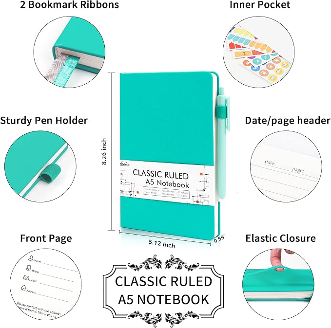 feela 3 Pack Notebooks Journals Bulk, Hardcover Notebook Classic Ruled Lined Journals with Pen Holder for Women Girls School Business Supplies, with 3 Black Pens, 120 GSM, 5.1”x8.3”, A5, Aqua