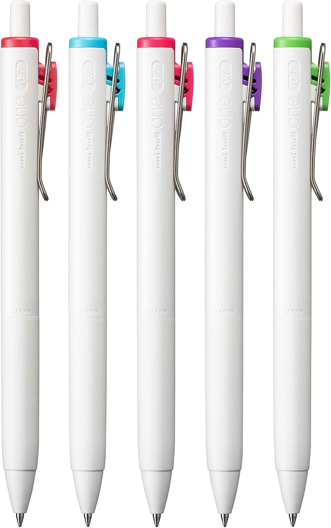 uniball™ one Gel Pens, Medium Point (0.7mm), Assorted Ink, 5 Pack | Ink stays on top of paper fibers for crisp vivid lines, wire pocket clip, color indicator top, smooth barrel & rubber grip