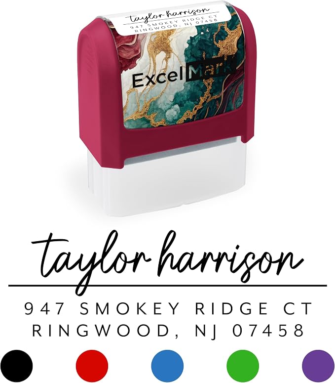 ExcelMark Custom Return Address Stamp (Maroon, Metro Line) | Custom Return Address Stamp with Elegant Designs, Vibrant Colors & Patterns – Perfect for Mail, Invitations & Gifts