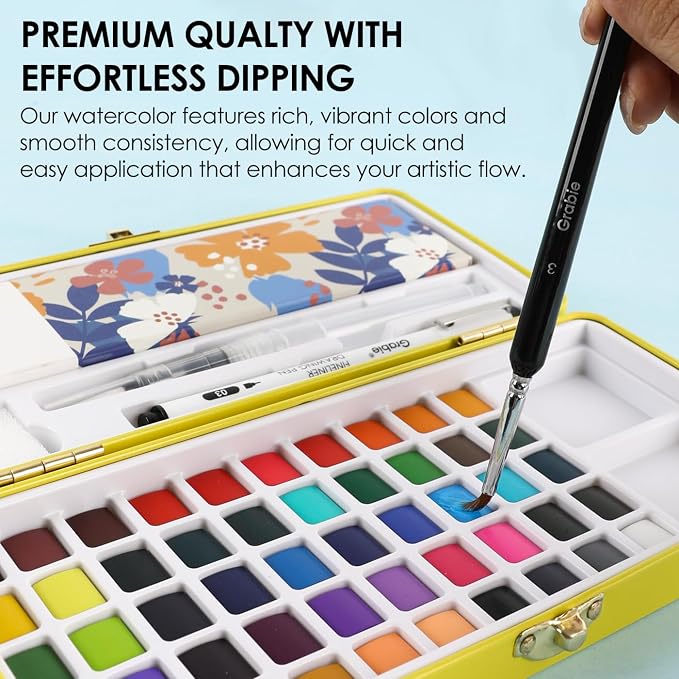 Grabie 50 Colors Premium All-In-One Water Color Paint Set - Detail Paint Brush Included, Watercolor Paints, Painting Sets, Art Supplies, Portable & Travel Watercolor Set, Amateur Hobbyists, Set of 50