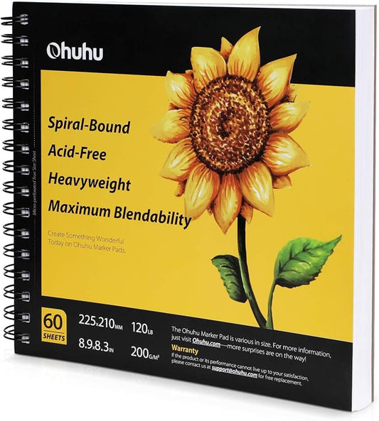 Ohuhu 8.3"x8.3" Marker Paper Pad Art Sketchbook for Drawing and Sketching | Square Sketch Book - 120 LB/200 GSM Smooth Drawing Paper - 60 Sheets/120 Pages - Spiral-Bound Sketch Pad for Alcohol Markers