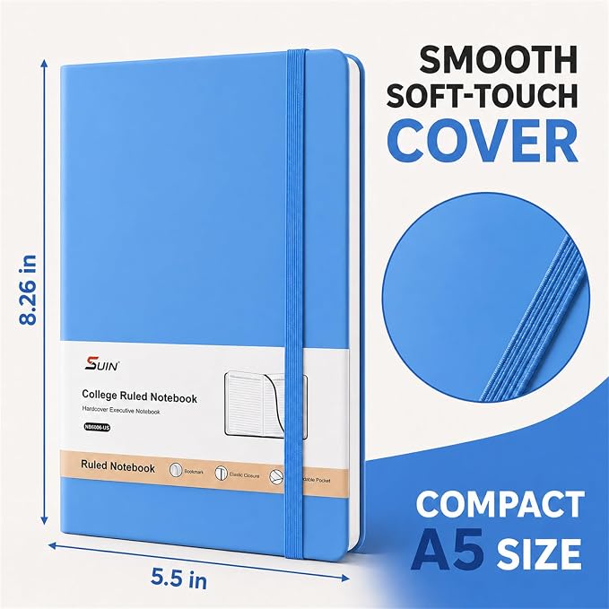 SUIN Hardcover-Journal-Notebooks, A5 Lined Journals Notebook for Writing 200 Pages, 8.2 x 5.5 inch, Classic Ruled Notebooks for Work/Travel/College (Light Blue - 6 Pack)