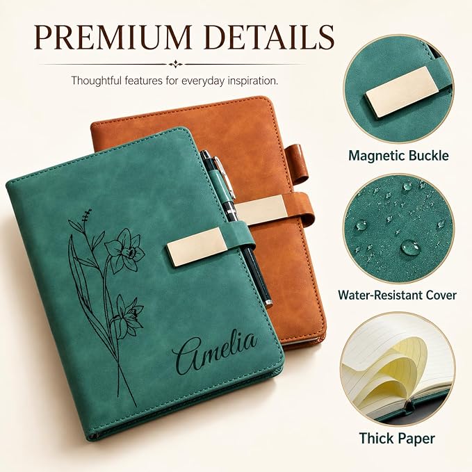 Personalized A5 Notebook Gift Set with Pen and Gift Box, Custom Name Birth Flower PU Leather Journal for Women, Writing Notebook for Work, Travel, Teachers, Mom and Friends (A)