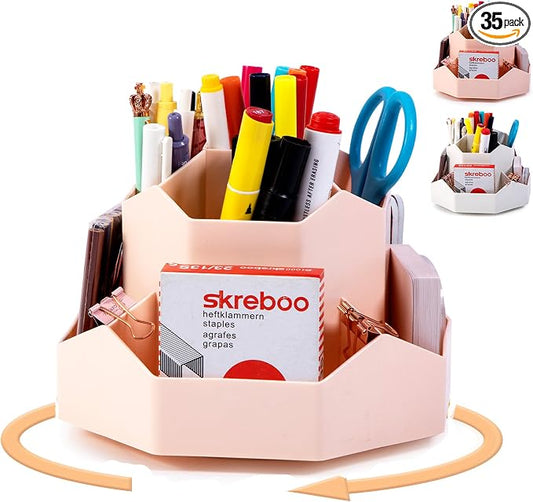 Large Rotating Pen Holder, Desk Organizer, Pink | with 9 Slots, Desktop Stationery Storage for Office, School & Home, Art Supplies Desktop Decor