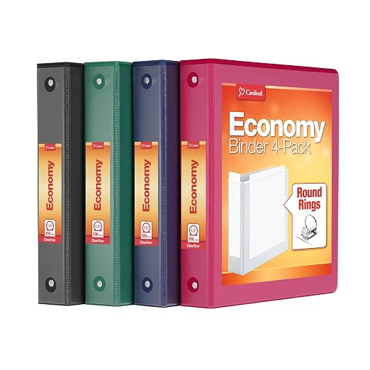 Cardinal 3 Ring Binders, Binders for School and Office, Durable 1.5 Inch, Round Rings, Holds 350 Sheets, ClearVue Presentation View, Non-Stick, Assorted Colors, 4 Pack (1017673)