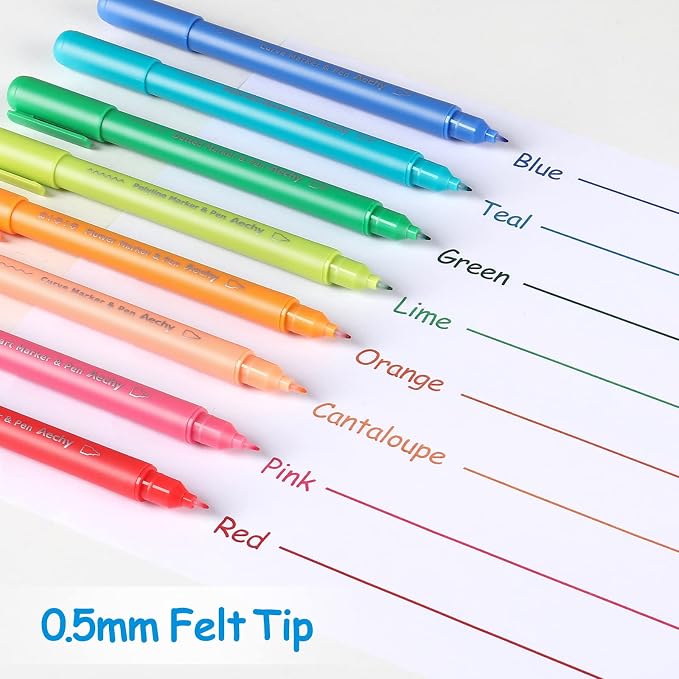 AECHY 8Pcs Dual Tip Pattern Marker Pens, 8 Colors, 6 Curve Shapes Designs | Colored highlighter pens with pattern roller and writing tip for Bullet Journal, Note Taking, Scrapbook, School Supplies