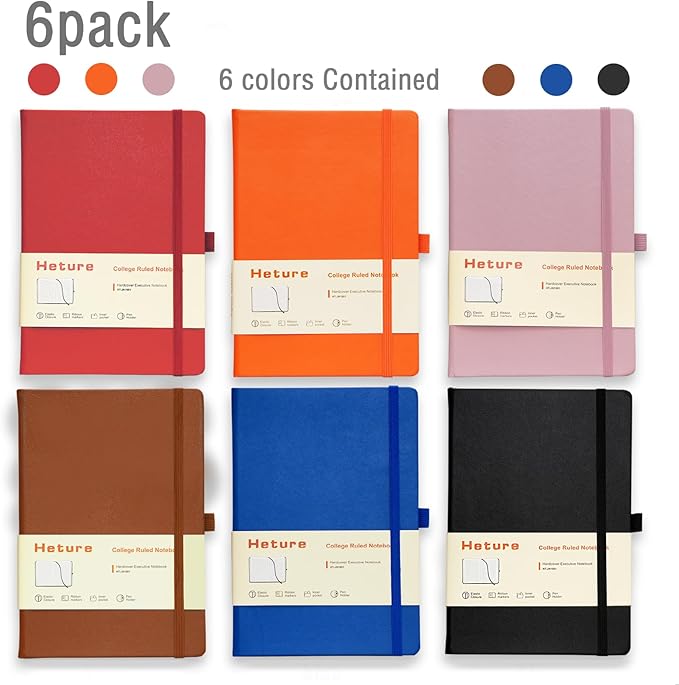 A5 Hardcover Journal Notebooks 6 Pack, Lined Notebook for Writing Work School, 100 GSM Thick Paper, 160 Pages, College Ruled Journal with Pen Holder, Inner Pocket, Ribbon Bookmark and Elastic Closure, 6 Colors