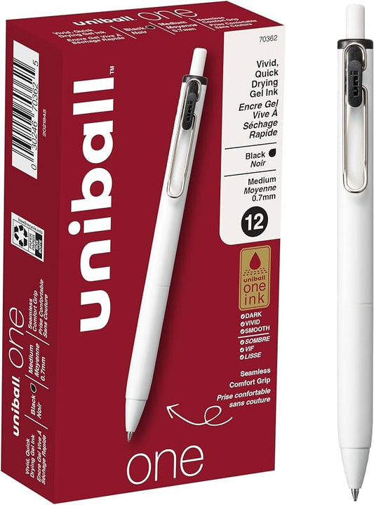 uniball uniONE Gel Pen, Retractable, Medium 0.7 mm, Black Ink, White Barrel, Dozen (Pack of 144)