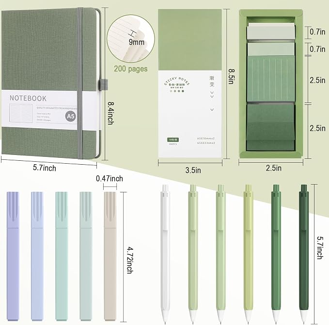 Dispowreath Sage Green Aesthetic Stationery Set 6 Retractable Black Gel Ink Pens 0.5mm Notebook Sticky Notes Set 5 Highlighters Self Stick Index Tabs for Back to School Teacher Appreciation Gift