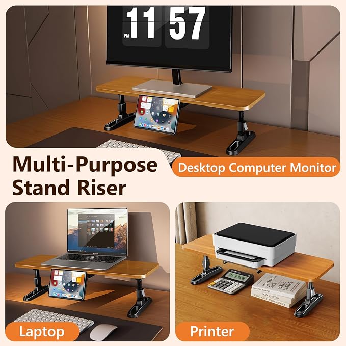 Ergonomic Wooden Monitor Stand Riser with Height Adjustable Button | One Touch Height Adjustable, Hidden Phone/Tablet Holder, Keyboard Storage Organizer, for Home Office Desktop