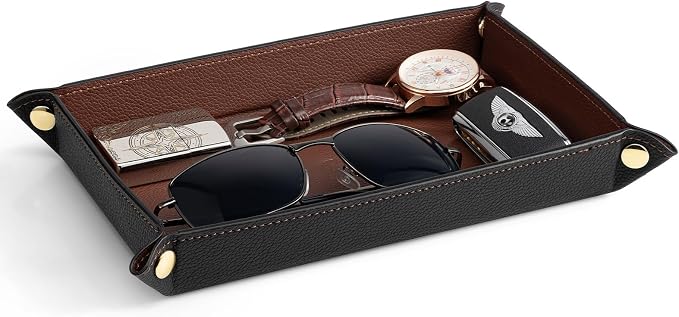 VLANDO Valet Tray for Men, Foldable PU Leather Catchall, Mocha Brown | Travel Catchall Tray, Jewelry Tray and Dresser Organizer for Keys, Wallet, Watch, Glasses, Rings and Small Accessories