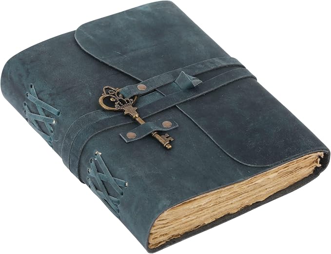 Leather Journal with Deckle Edge Paper 8x6 inch and Vintage Key | Handmade Writing Notebook Diary | Bound Daily Notepad for Men & Women Medium, Sketch/Writing pad for Artists