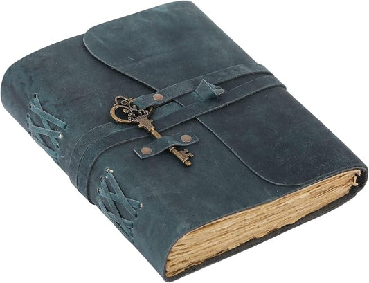Leather Journal with Deckle Edge Paper 8x6 inch and Vintage Key | Handmade Writing Notebook Diary | Bound Daily Notepad for Men & Women Medium, Sketch/Writing pad for Artists