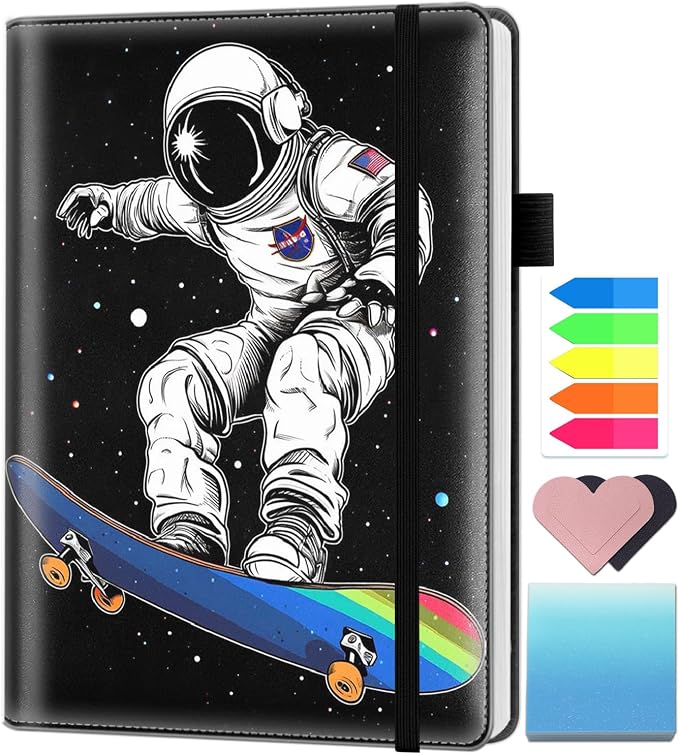 A5 Leather Lined Journal Notebook, 200 Pages Hardcover Executive Notebook for Men Women Office School Note Taking, Thick Writing Paper Daily Journal with Bookmarks/Indexes, Astronaut