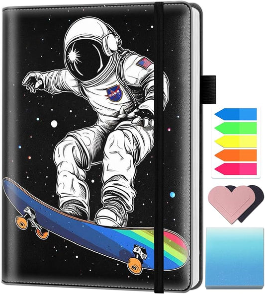 A5 Leather Lined Journal Notebook, 200 Pages Hardcover Executive Notebook for Men Women Office School Note Taking, Thick Writing Paper Daily Journal with Bookmarks/Indexes, Astronaut