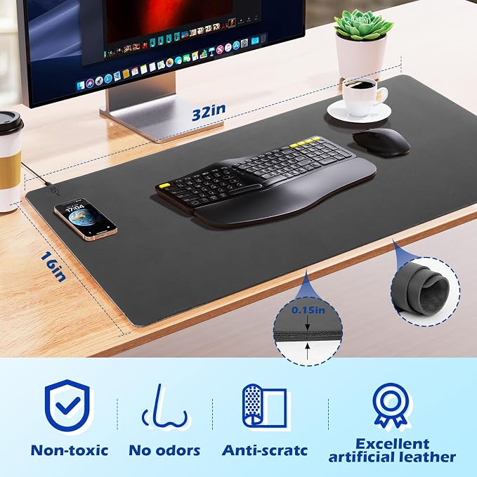 Wireless Charging Desk Mat,Mouse Pad, Black-L, 32 * 16inch