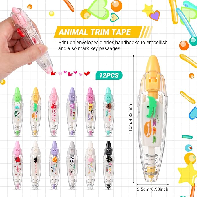 12 Pcs Decorative Tape Pen, Cartoon Animals Press Type Correction Tape, Decorative Roller Pen DIY Creative for Back to School Gifts, Rewards, Scrapbooking, Christmas Stocking Stuffers