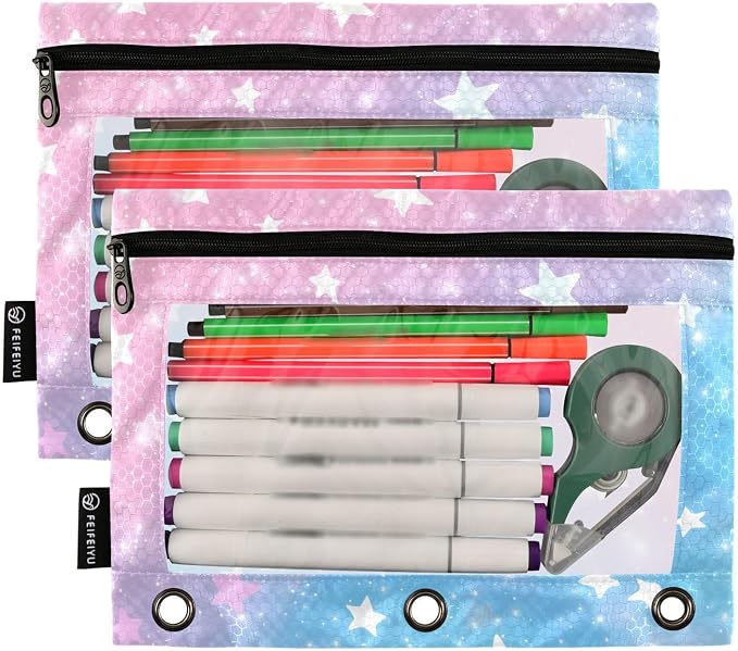ALAZA Pencil Pouch for 3 Ring Binder, Star Pink Blue Sky Binder Pencil Pouches with Clear Window Zipper Pencil Case Cosmetic Bags for Office College Supplies, 2PCS