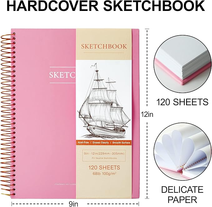9 x 12 inches Hardcover Sketchbook for Drawing 120 Sheets Spiral Bound Sketch Pad Premium Art Sketchbook Artistic Drawing Painting Writing Paper(68lb/100gsm) for Kids Adults Beginners Artists, Pink