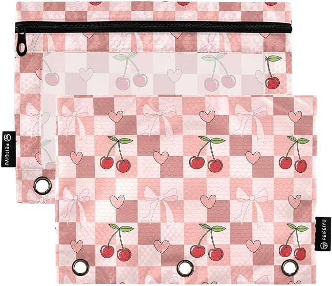 Gredecor 3 Ring Binder Pencil Pouch, Cherry Coquette Ribbon Bow (45) Zippered Pen Case Pouches with Clear Window, 2 Pack Stylish Office & School Supplie