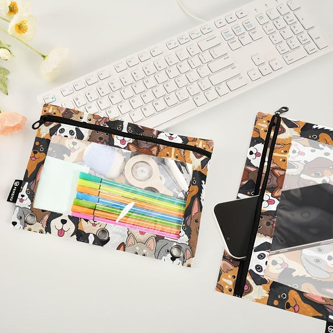 ALAZA Pencil Pouch for 3 Ring Binder, Cute Doodle Dog Animal Binder Pencil Pouches with Clear Window Zipper Pencil Case Cosmetic Bags for Office College Supplies, 2PCS
