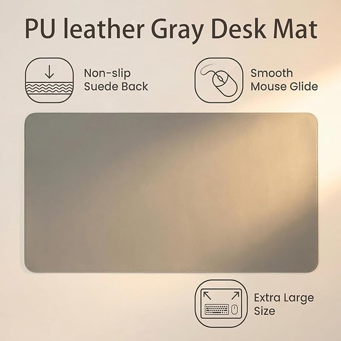 Leather Desk Pad 13'' x 27.97'', PIPRE Office Desk Mat Waterproof Gray Smooth Mouse Writing Surface - Maximum Protection Dual-Sided Pu Leather Blotter for Desk Office/Home