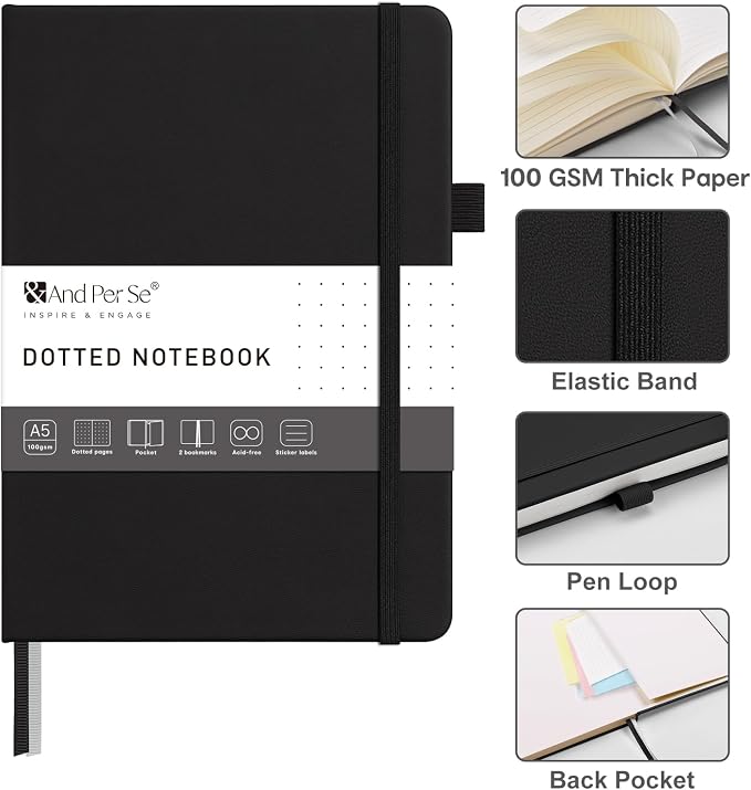&And Per Se Dotted Journal – A5 Hardcover, Dot Grid Notebook for Planning & Journaling, 160 Pages 100gsm Paper, Stickers - 5.7”x8” (Black)